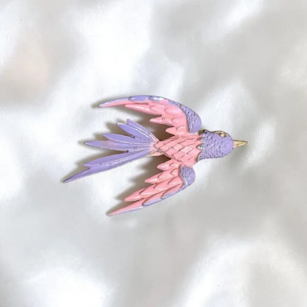 Pink Swallow Bird Brooch, Enamel Flying Bird Pin, Cottagecore Coquette Jewelry